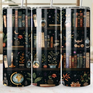 Enchanted Bookshelf 20oz Skinny Tumbler Wrap, Seamless PNG Sublimation Design, Witchy Magic Theme Tumbler Template