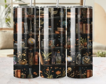 Vintage Bibliotheek Boekenplank Tumbler Wrap, Oude Boeken en Botanische Naadloze 20oz Skinny Sublimatie Design PNG
