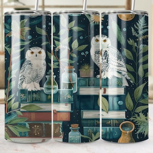 Owl and Books Tumbler Wrap Design, 20oz Skinny Sublimation Template, Seamless Tumbler PNG, Reading Nook, Nature Lover Gift Idea