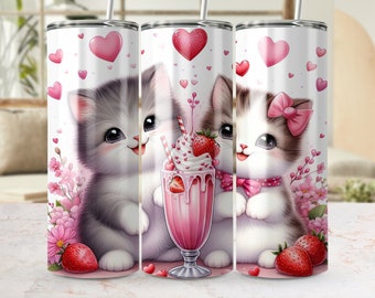 Schattige Kitten Love Milkshake 20oz Skinny Tumbler Wrap, Naadloos Sublimatie Design, Cute Cat Digitale PNG, Girly Tumbler Template