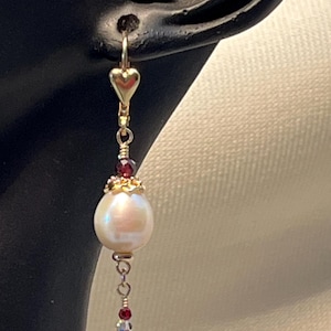 Heart EARRINGS/Pearl & Garnet Gemstones with Gold Filled Earrings/Romantic, Love you, DANGLE Earrings/Handmade, JEWELRY. Gift for Her.