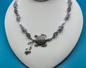 Silver Plated Rhinestone Sea Turtle and Charm, Amethyst, Glass and Sterling Silver, Coastal, Beach Vibe Necklace, Jewelry for Her