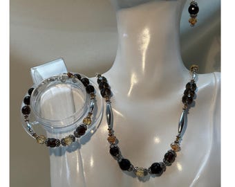 Smoky Quartz Citrine Jewelry Set, Victorian Sterling Silver Necklace, Bracelet & Earrings