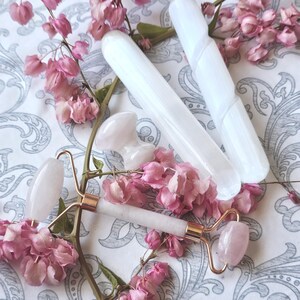 Rose Quartz Facial or Body Massage,  Mushroom and Roller set, cooling facial with Natural Selenite wands GSR-102