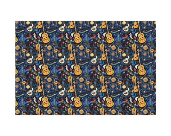 May include: A seamless pattern featuring a variety of musical instruments, including guitars, drums, and trumpets. The instruments are drawn in a cartoon style and are set against a dark blue background with white stars.