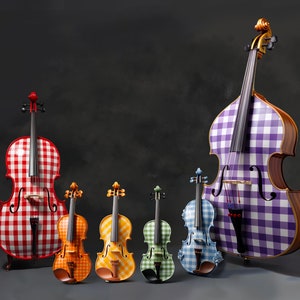 Zupf-Instrumente in Regenbogen aus Vichykaro, Violinen, Viola, Cello, Kontrabass in 35cm x 32cm Wanddekor