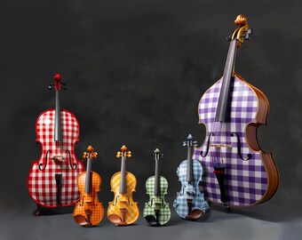 String instruments in rainbow of gingham, violins, viola, cello, double bass in 14in x 11in musical wall decor