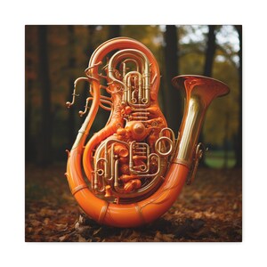 Canvas gallery wrap of a brass musical instrument, partially painted in pumpkin color. Fall colors, Thanksgiving