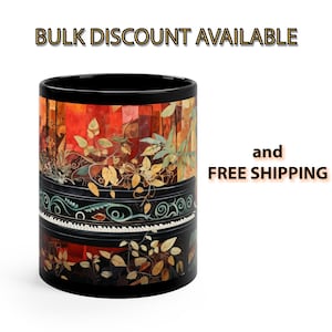 May include: Black ceramic mug with a colorful design featuring a piano keyboard and floral patterns. The text "BULK DISCOUNT AVAILABLE" is at the top of the image.