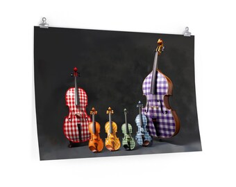Poster of string instruments in six colors of rainbow dressed in gingham pattern, 36in x 24in