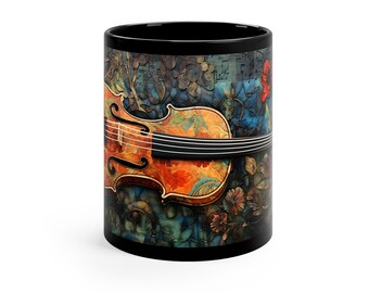 Violin ceramic coffee mug, music tea mug, music lover mug, Violin in batik, 11oz mug