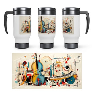 Stainless Steel Travel Mug with Handle, 14oz, with jazz trio of keyboard, standup bass, & drums