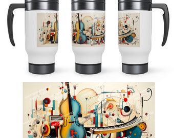 Stainless Steel Travel Mug with Handle, 14oz, with jazz trio of keyboard, standup bass, & drums