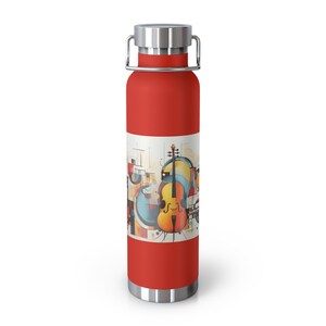 Jazzy Insulated Bottle, 22oz, with picture of jazz trio, keyboard, bass, drums
