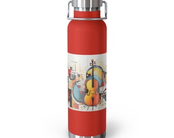 Jazzy Insulated Bottle, 22oz, with picture of jazz trio, keyboard, bass, drums