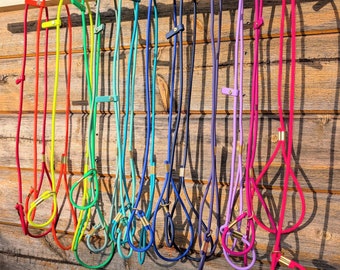 Könnte beinhalten: Eine Sammlung von zehn Seilhalftern in einem Farbspektrum aus Rot, Gelb, Grün, Türkis, Blau, Violett, Lavendel und Pink. Jedes Halfter verfügt über verstellbare Seilschlaufen, Metallbeschläge und kleine Akzente aus Leder.
