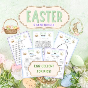 May include: A collection of five Easter-themed game sheets for children, including a word search, egg design, trivia, and hidden pictures. The design features a basket of eggs, a bunny, and the text "Easter 5 Game Bundle" and "Egg-cellent for Kids!"
