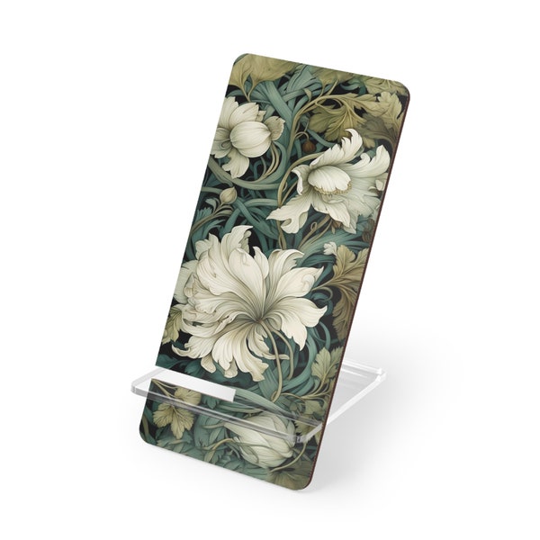 William Morris Inspired Green Floral Phone Stand, Mobile Display Stand for Smartphones, iPhone Stand, Android Phone Stand