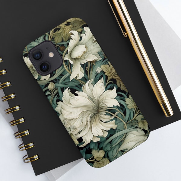 William Morris Inspired Green Floral iPhone Case, Cute iPhone Case with Polycarbonate Shell and Rubber Liner for iPhone 7 and Above