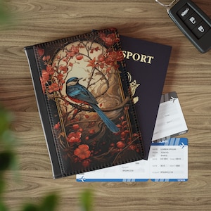 Funda de pasaporte, funda de pasaporte floral de pájaro azul inspirada en William Morris, cartera de pasaporte floral, funda de pasaporte de flores para viajes con estilo