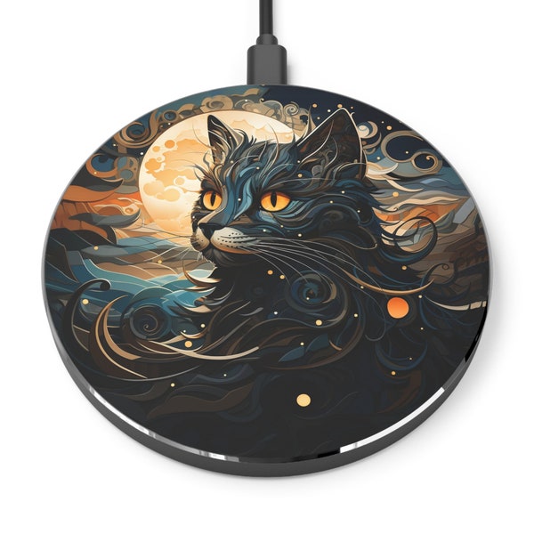 Artisan Cat in the Moonlight, Wireless Phone Charger, iPhone Wireless Charger, Android Charger, iPhone Charger, QI Wireless Charger