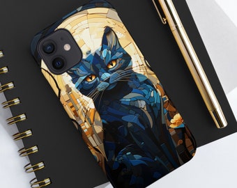 Artisan Cubist Black Cat and Golden Moon iPhone Tough Case for iPhone 7 and Above, Cat iPhone Cover, Art iPhone Protector