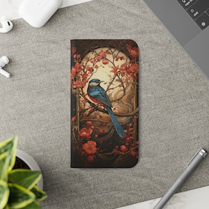 Cartera Folio para teléfono inteligente, pájaro azul inspirado en William Morris, funda con tapa para teléfono vegano floral para modelos iPhone y Samsung Galaxy