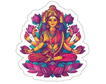 May include: A colorful illustration of a Hindu goddess with multiple arms sitting in a lotus position on a lotus flower. She is wearing a red and gold sari and has a crown on her head.