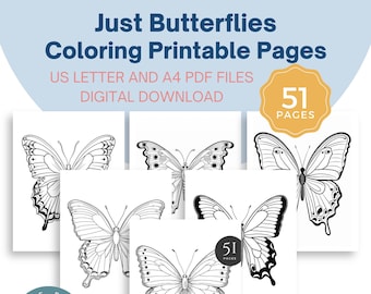 May include: A printable coloring book featuring 51 pages of butterfly designs. The cover shows a black and white butterfly with intricate details. The text "Just Butterflies" and "Mix & Max Letter Coloring Pages" is included on the cover.