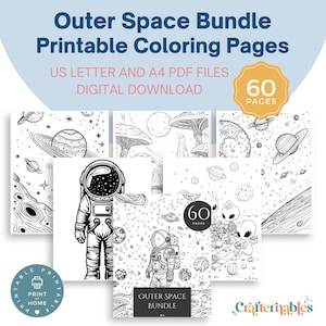 ¡Despega con color! 60 páginas para colorear del espacio: diversión relajante, descarga instantánea de hojas PDF imprimibles en tamaño carta y A4 para niños y adultos