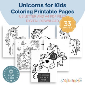 Dibujos para colorear de unicornios mágicos para niños - Imprimibles - 33 PDF de descarga instantánea Actividades para niños con criaturas místicas para la creatividad