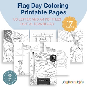 Puede incluir: Un conjunto de 17 páginas para colorear imprimibles con imágenes relacionadas con el Día de la Bandera. Las imágenes incluyen un soldado saludando, un campanario, una persona izando una bandera y una figura histórica con un sombrero de tres picos. El texto "Flag Day" está incluido en una de las páginas.