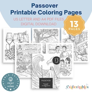 May include: A set of 13 printable Passover colouring pages featuring black and white illustrations of traditional Passover symbols and scenes. The pages are designed for US Letter and A4 paper sizes and are available as a digital download. The text "Passover Mix-N-Max Letter Colouring Pages Vol. 1" is included on one of the pages.