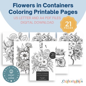 Charming Floral Vases Coloring Collection - Instant Digital Download - 21 Sheets - Flower Bouquets - Printable for Stress Relief