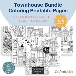Può includere: Un pacchetto di pagine da colorare stampabili che include 43 illustrazioni in bianco e nero di case a schiera. La copertina presenta una casa a schiera con una grande finestra a bovindo e un portico. Il testo "Townhouse Bundle" è stampato sulla copertina.