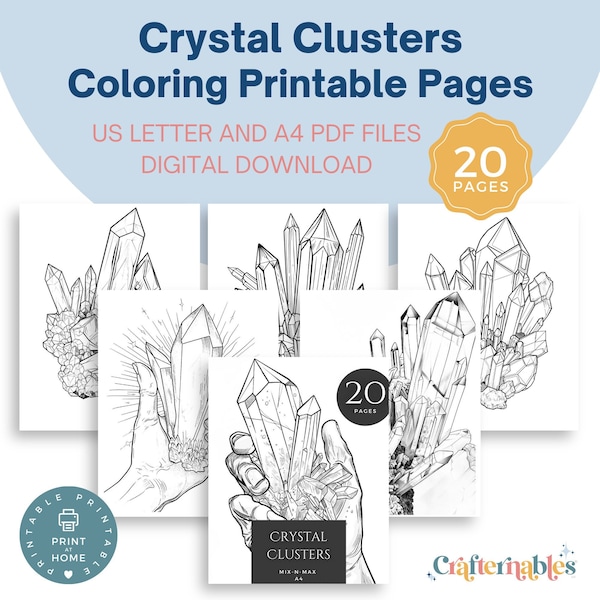 Spark Your Calm: 20 Crystal Cluster Coloring Pages for Well-Being - Relax, Mindful Downloadable Printable PDF Sheets in US Letter For Adults