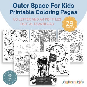 ¡Colorea el Cosmos! 29 páginas para colorear del espacio: descarga instantánea de hojas PDF imprimibles en tamaño carta y A4 para niños de preescolar y primaria.