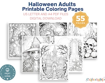 May include: A set of 55 printable Halloween coloring pages for adults. The pages feature spooky and whimsical designs, including a witch, a haunted house, a graveyard, and a skull. The pages are perfect for adults who enjoy coloring and Halloween.