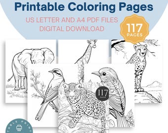 May include: A bundle of printable coloring pages featuring African animals. The pages include illustrations of an elephant, giraffe, cheetah, and birds. The bundle includes 117 pages and is available as a digital download in US Letter and A4 PDF files.