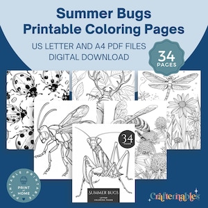 Summer Bugs Coloring Book | 34 Printable Insect & Garden Friends | Kids and Adults Nature Art PDF | Instant Download | Ladybugs and Bees
