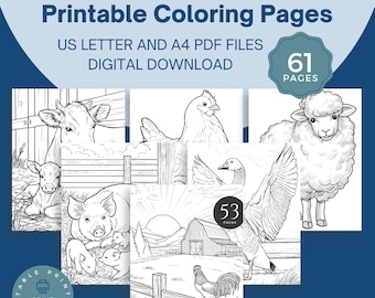 May include: A digital download of printable farm animal coloring pages. The image features various farm animals, including a cow, pig, sheep, and rooster, with the text "Farm Animals Printable Coloring Pages". Includes US Letter and A4 PDF files.