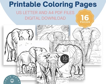May include: A collection of printable elephant coloring pages. The pages feature detailed line drawings of elephants in various poses and settings. The text on the image says "Elephants Printable Coloring Pages" and "16 Pages".