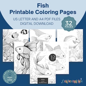 Könnte beinhalten: Digitaler Download von ausdruckbaren Fisch-Malvorlagen. Das Bild zeigt Schwarz-Weiß-Illustrationen verschiedener Fischarten mit dem Text "Fish Printable Coloring Pages". Enthält 32 Seiten.