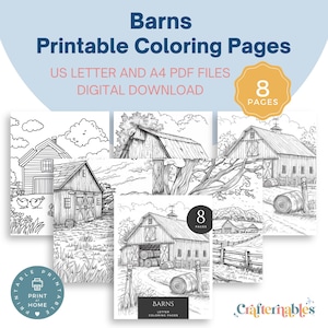 8 Barn Coloring Pages Printable | Rustic Farmhouse Art | Adult Coloring Sheets | Instant Download