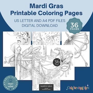 May include: Mardi Gras printable coloring pages with various black and white illustrations, including musical notes, musicians, masks, and street scenes. The text on the image says "36 pages" and "Digital Download".