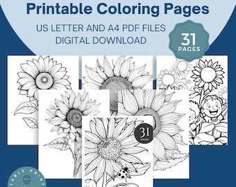 31 Disegni di girasoli da colorare / Illustrazioni floreali stampabili (PDF)