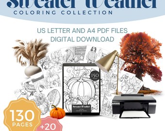 Op de afbeelding: Een digitale download van 130 kleurplaten met een verscheidenheid aan herfstthema-illustraties, waaronder pompoenen, bladeren en vogels. De download bevat US Letter- en A4-PDF-bestanden. De tekst "Sweater Weather Coloring Collection" wordt bovenaan de afbeelding weergegeven.
