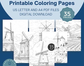 Dibujos para colorear de molinos de viento / Diseños de molinos de viento históricos imprimibles / Tamaños A4 y carta (PDF) / Arte arquitectónico rural y costero