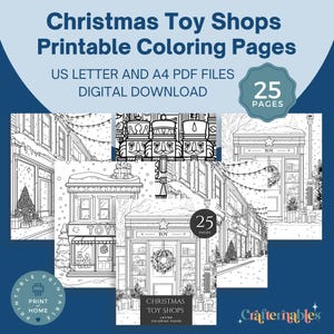 May include: Black and white printable coloring pages featuring Christmas toy shops. The digital download includes US Letter and A4 PDF files with 25 pages. The image includes text that says "Christmas Toy Shops Printable Coloring Pages".