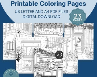 Puede incluir: Páginas para colorear imprimibles en blanco y negro tituladas "Cafés en Navidad". La imagen incluye ilustraciones de exteriores de cafés decorados para las fiestas. El texto incluye "US Letter y A4 PDF Files" y "Descarga digital."